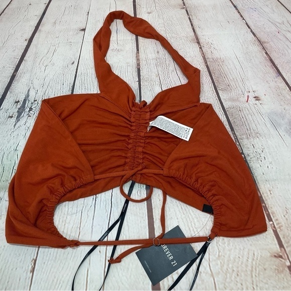 Forever 21 Knit Halter Tank Crop Top Size Large Burnt Orange Ruched NWT - Picture 2 of 8